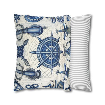 Nautical Theme Art - Anchors, Ropes, Compass Spun Polyester Square Pillow Case