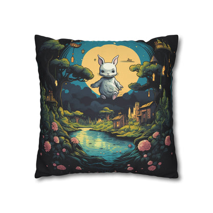 White Rabbit Mystery Psychedelic Fantasy Anime Cartoon Bunny - Spun Polyester Square Pillow Case