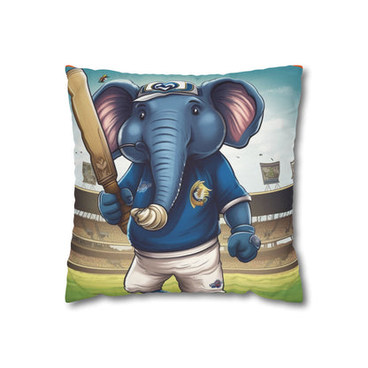 India Elephant Cricket Sport Star: Pitch, Run, Stump Game - Animated Charm - Spun Polyester Square Pillow Case