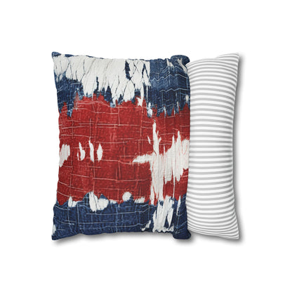 Patriotic Red, White & Blue: Distressed Denim-Style, Torn Fabric - Spun Polyester Square Pillow Case