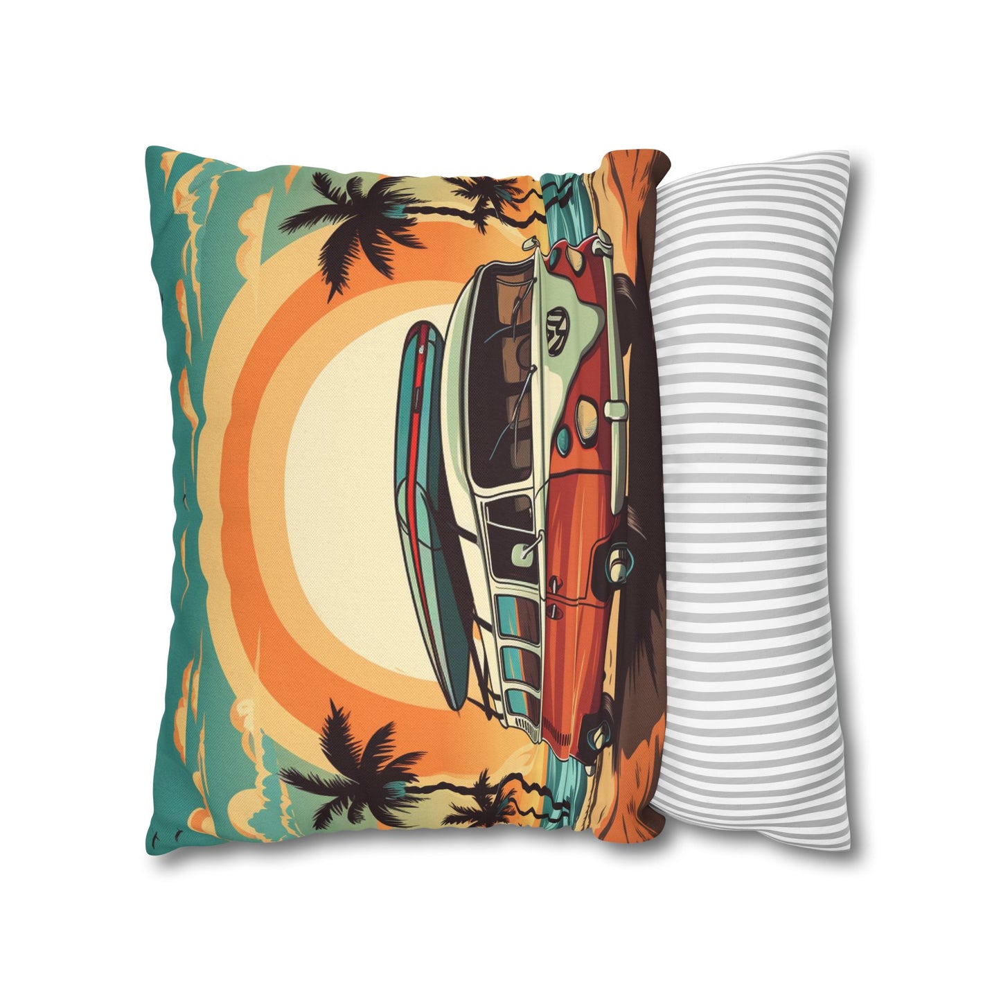 Retro Beach Camper Van - Sunset Surfboard Scene Spun Polyester Square Pillow Case