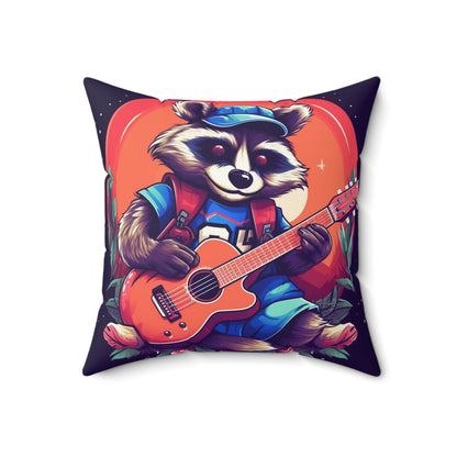 Acoustic Guitar Raccoon - Furry Animal Musician Decor Spun Polyester Square Pillow