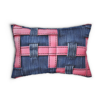 Candy-Striped Crossover: Pink Denim Ribbons Dancing on Blue Stage - Spun Polyester Lumbar Pillow