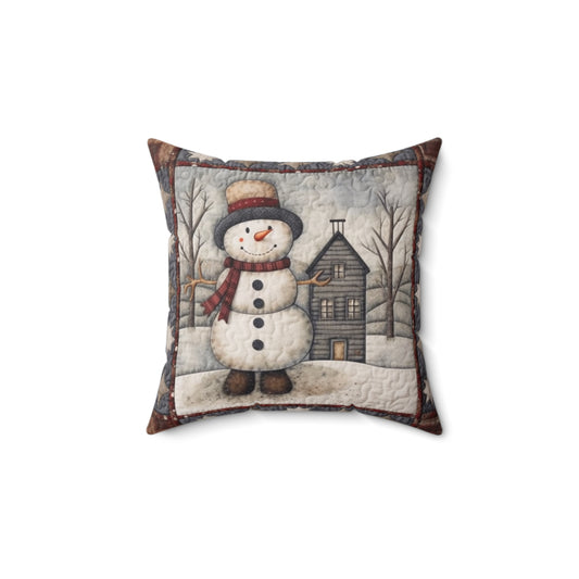 Christmas Cottagecore Snowman & Snowy House - Nostalgic Decor - Grandmillennial Festive Charm - Spun Polyester Square Pillow