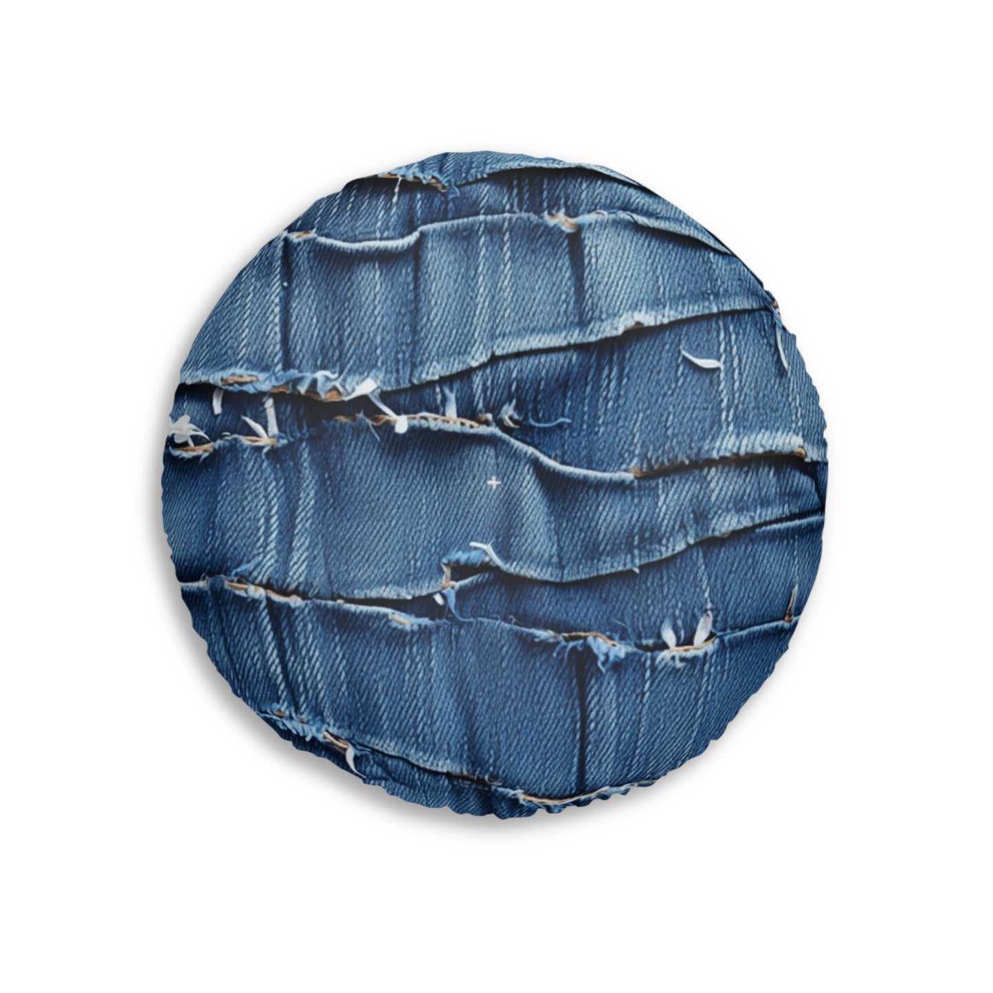 Midnight Blue Distressed Denim: Rugged, Torn & Stylish Design - Tufted Floor Pillow, Round