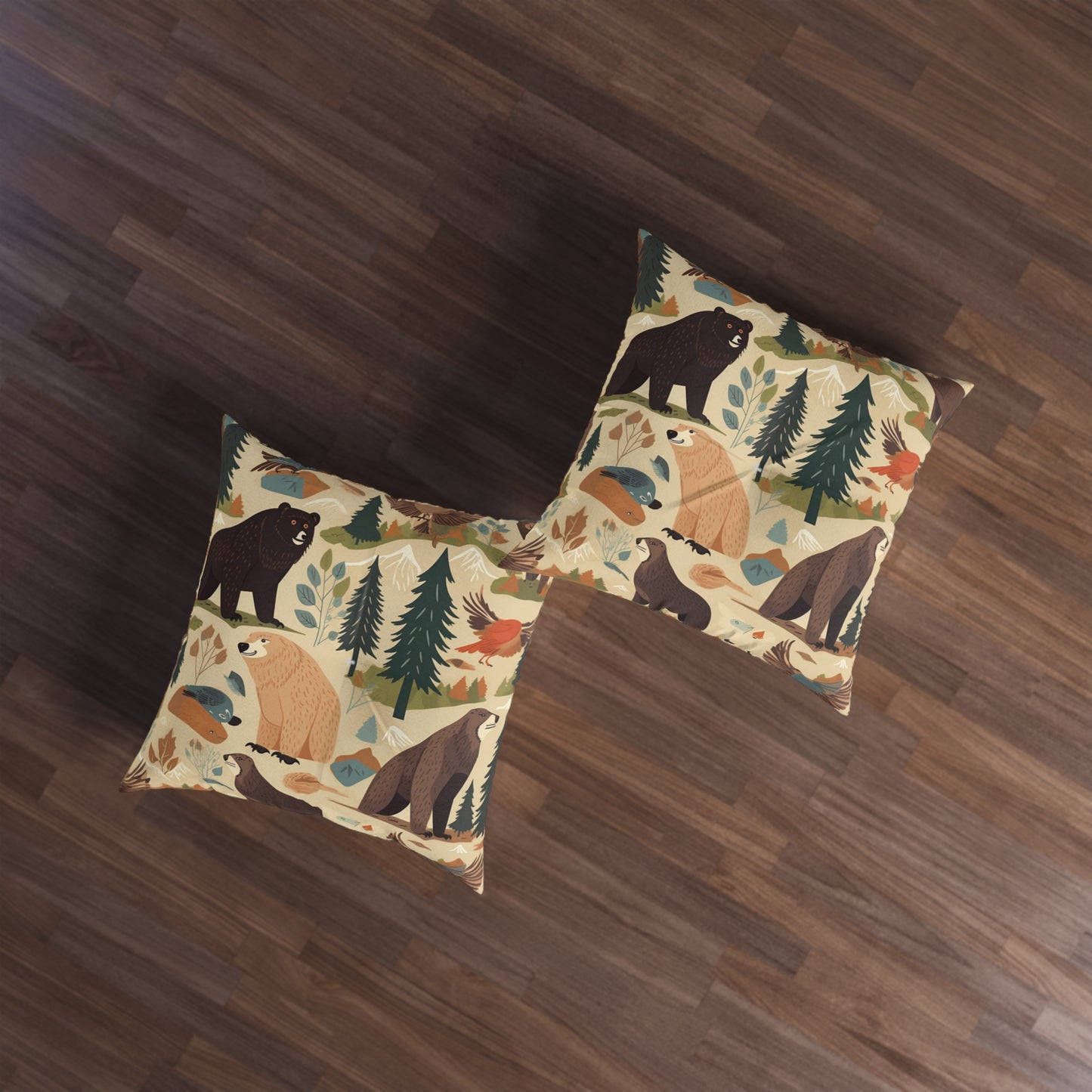 U.S. Wilderness Inspired: Grizzly Bears, Animals Pattern Tufted Floor Pillow, Square