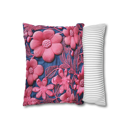 Denim Blue Doll Pink Floral Embroidery Style Fabric Flowers - Spun Polyester Square Pillow Case