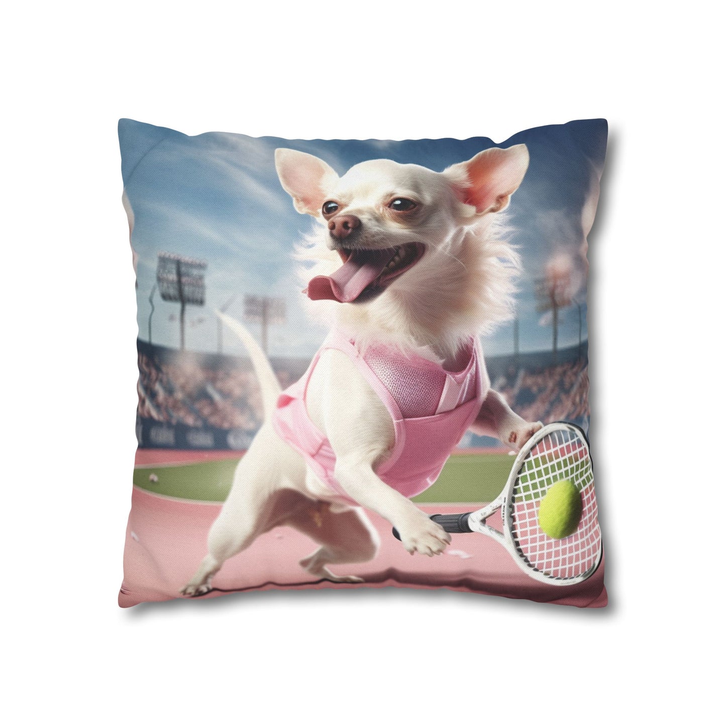 Chihuahua Tennis Ace: Dog Pink Outfit, Court Atheletic Sport Game - Spun Polyester Square Pillow Case