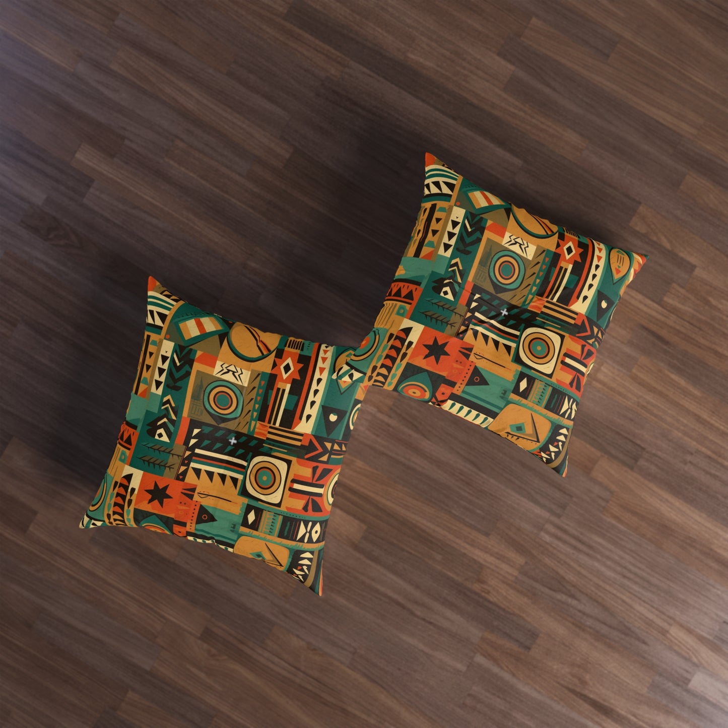 Earthy Tones Geometric Tribal-Inspired Pattern Design Tufted Floor Pillow, Square