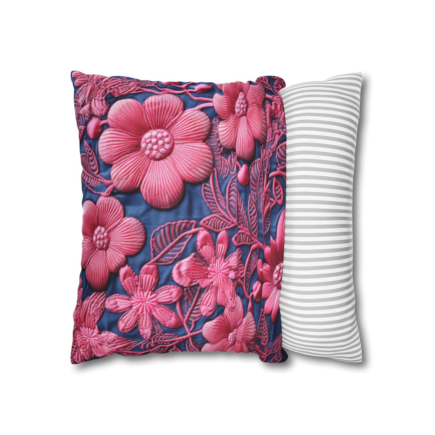 Denim Blue Doll Pink Floral Embroidery Style Fabric Flowers - Spun Polyester Square Pillow Case