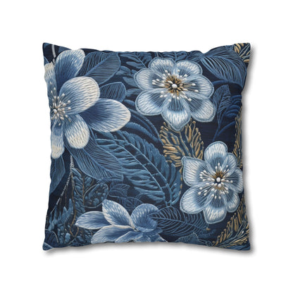 Flower Blossom Embroidery Floral on Denim Style - Spun Polyester Square Pillow Case