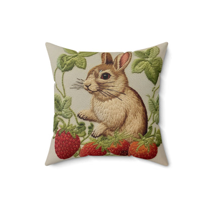 Strawberry Bunny Rabit - Embroidery Style - Strawberries Fruit Munchies - Easter Gift - Spun Polyester Square Pillow