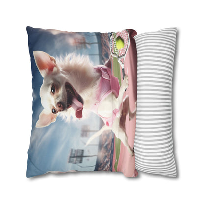 Chihuahua Tennis Ace: Dog Pink Outfit, Court Atheletic Sport Game - Spun Polyester Square Pillow Case