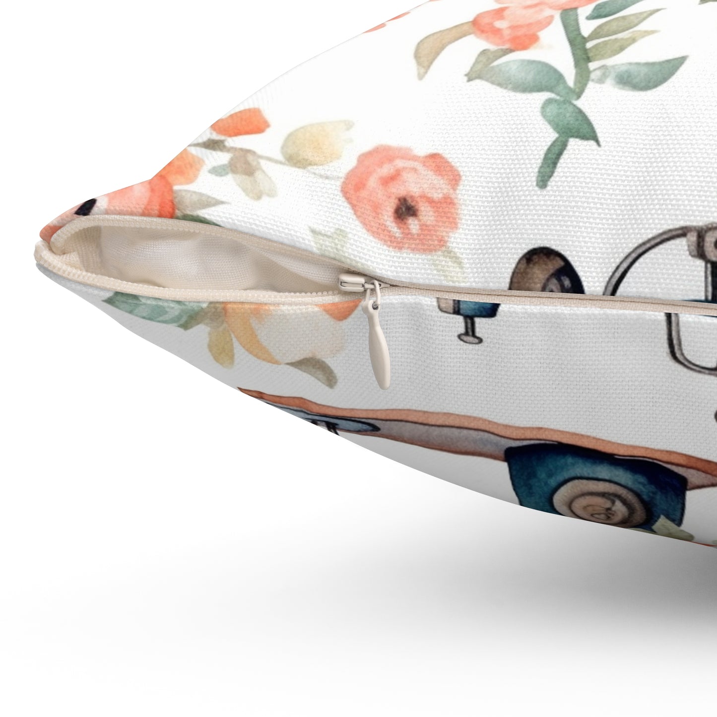 Watercolor Sewing Machines & Floral Bouquets: Antique Feminine Minimalist Styling - Spun Polyester Square Pillow