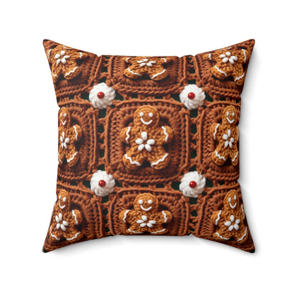 Gingerbread Man Crochet, Classic Christmas Cookie Design, Festive Yuletide Craft. Holiday Decor - Spun Polyester Square Pillow