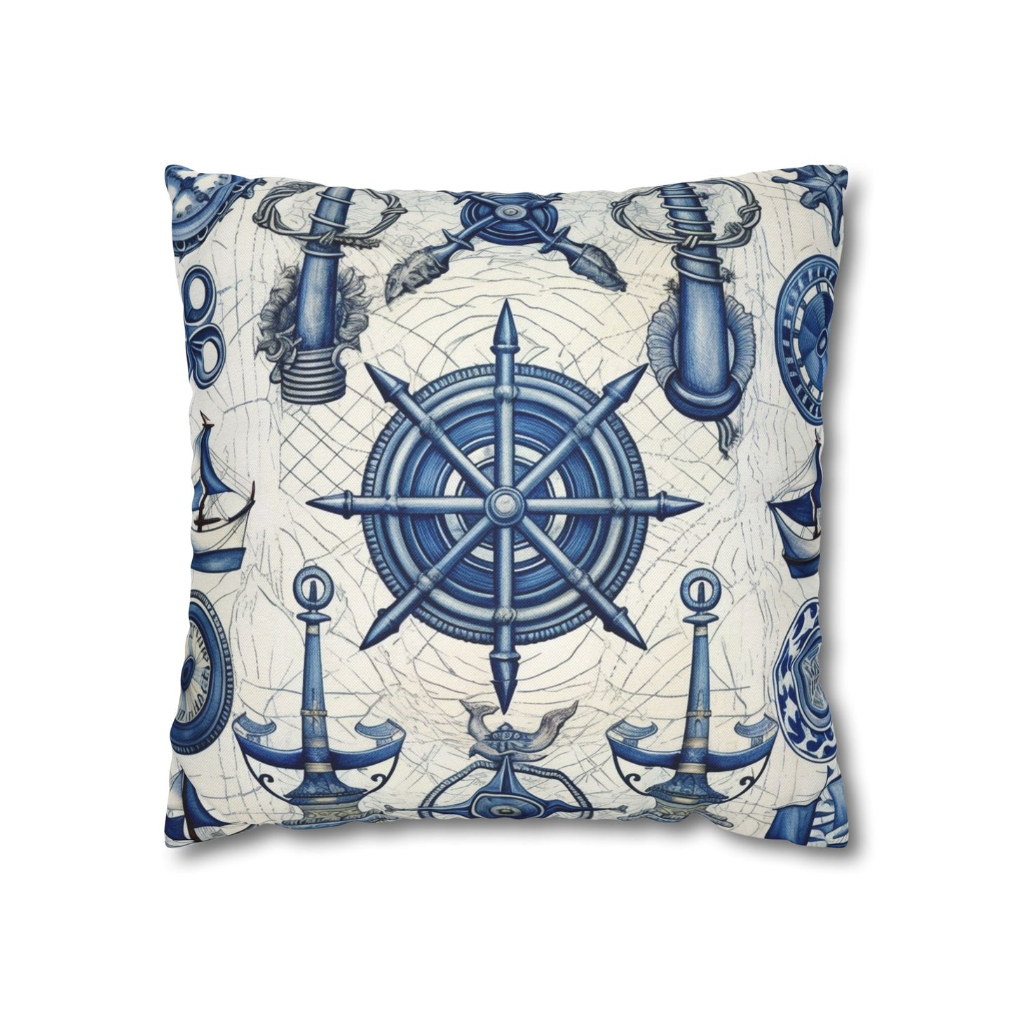 Nautical Theme Art - Anchors, Ropes, Compass Spun Polyester Square Pillow Case