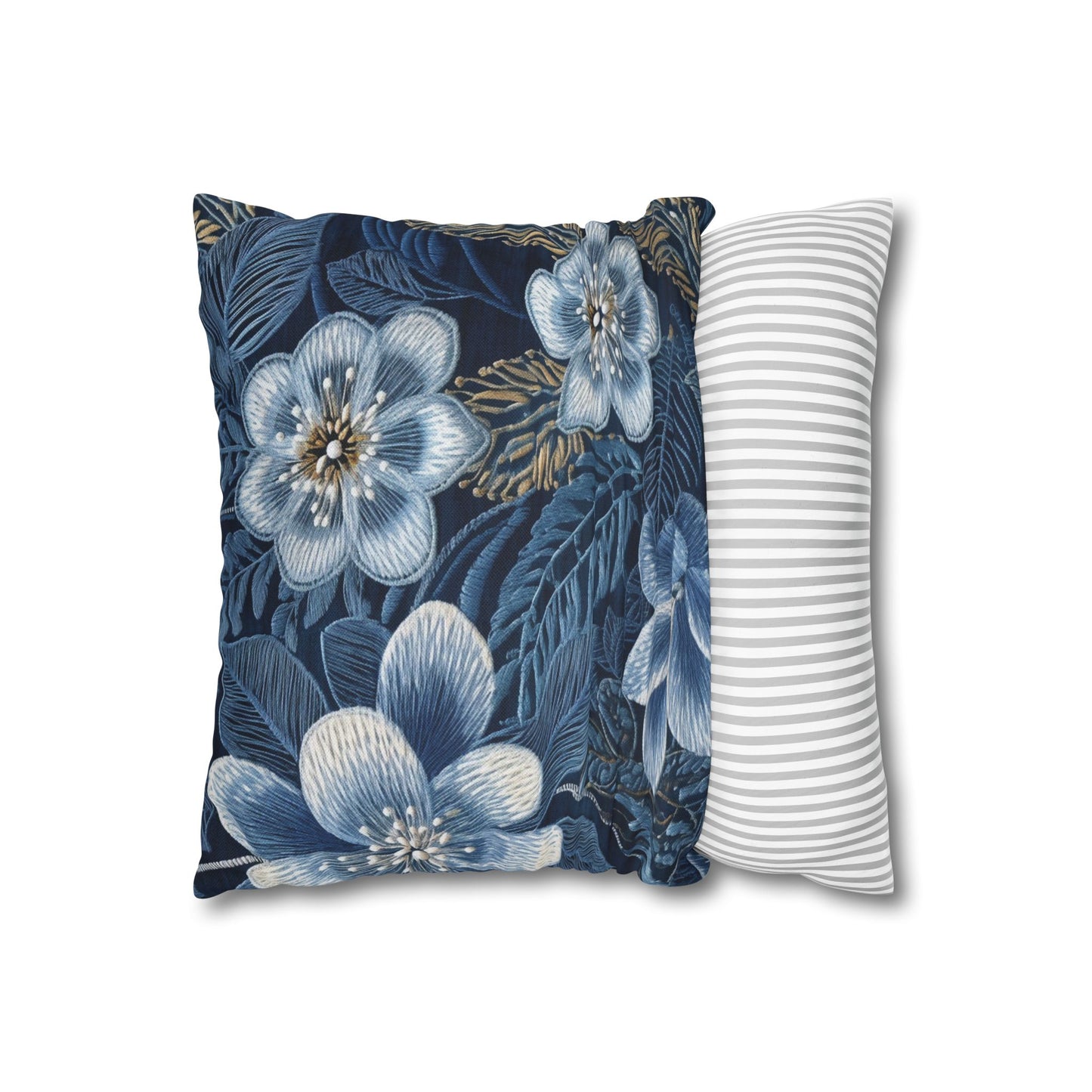 Flower Blossom Embroidery Floral on Denim Style - Spun Polyester Square Pillow Case