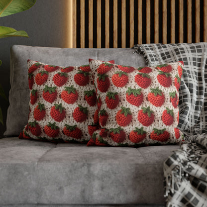 Strawberry Traditional Japanese, Crochet Craft, Fruit Design, Red Berry Pattern - Spun Polyester Square Pillow Case