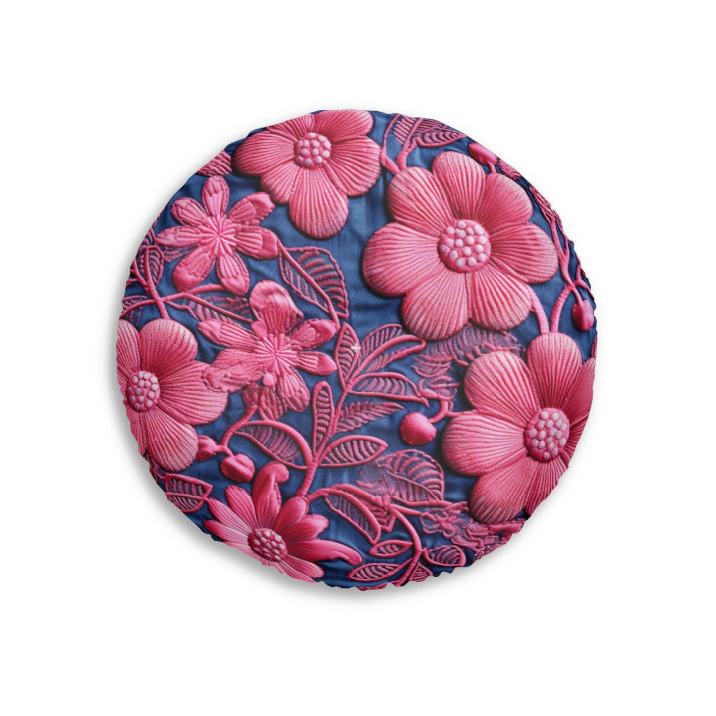 Denim Blue Doll Pink Floral Embroidery Style Fabric Flowers - Tufted Floor Pillow, Round