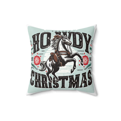 Yuletide Greetings Cowboy Style - Festive Howdy Christmas with Prancing Horse and Snowflake - Spun Polyester Square Pillow