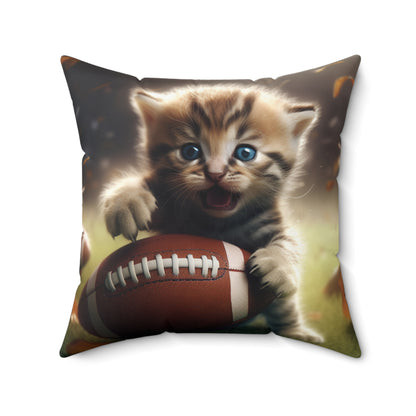 Football Kitten Touchdown: Tabby's Winning Play Sport Game - Spun Polyester Square Pillow