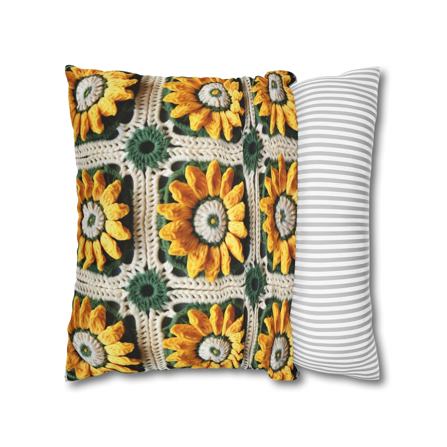 Sunflower Crochet Elegance, Granny Square Design, Radiant Floral Motif. Bring the Warmth of Sunflowers to Your Space - Spun Polyester Square Pillow Case