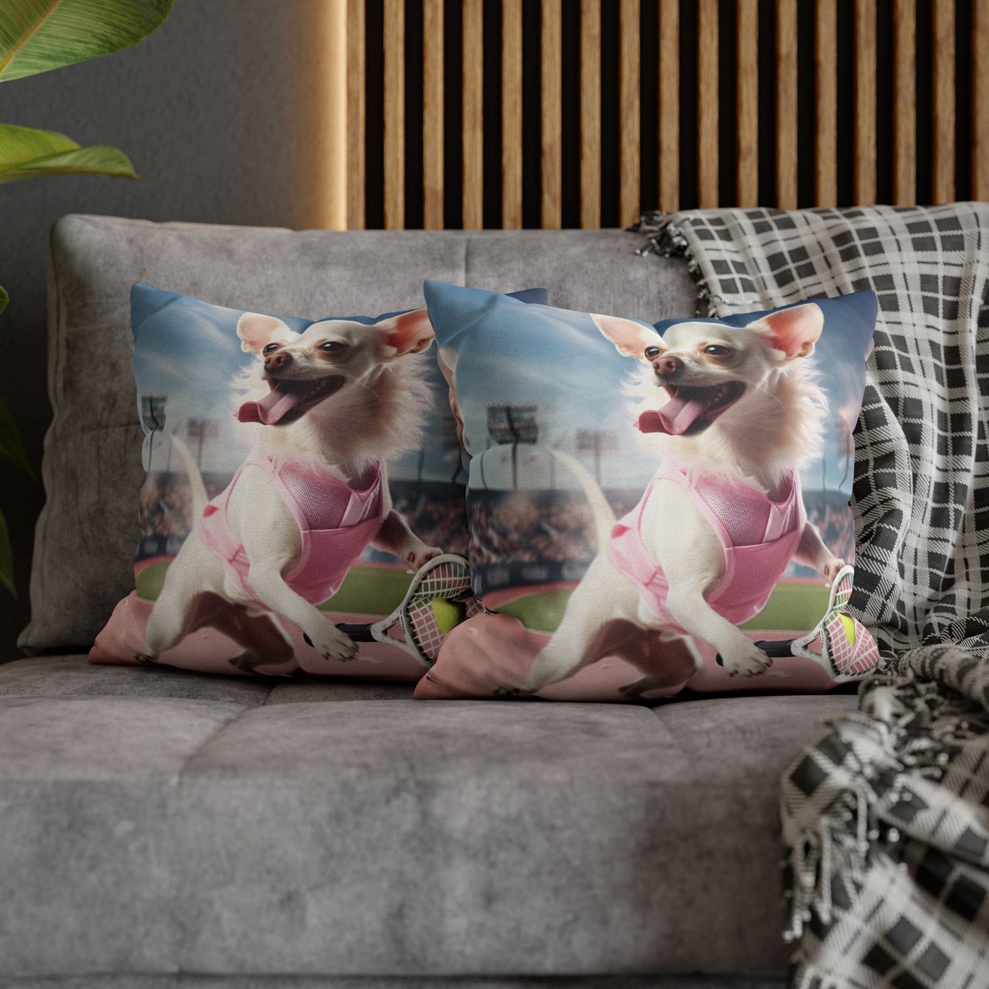 Chihuahua Tennis Ace: Dog Pink Outfit, Court Atheletic Sport Game - Spun Polyester Square Pillow Case