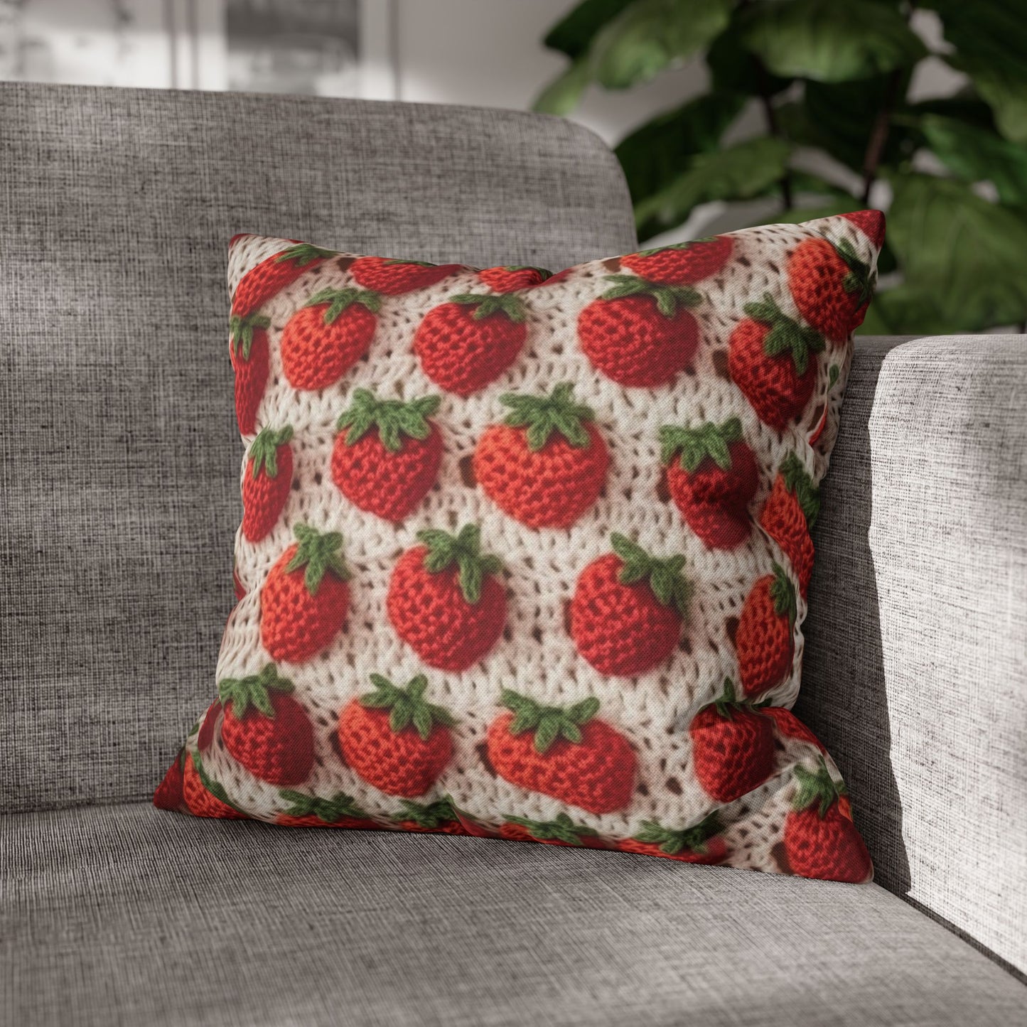 Strawberry Traditional Japanese, Crochet Craft, Fruit Design, Red Berry Pattern - Spun Polyester Square Pillow Case