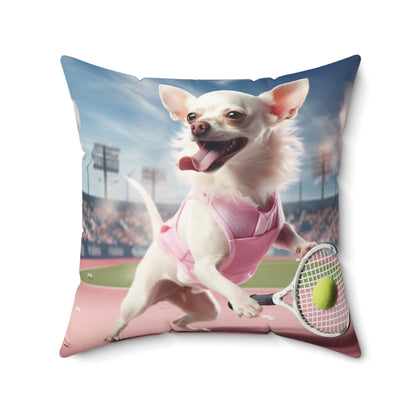 Chihuahua Tennis Ace: Dog Pink Outfit, Court Atheletic Sport Game - Spun Polyester Square Pillow