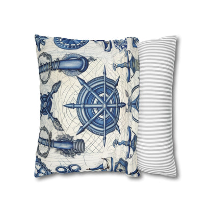 Nautical Theme Art - Anchors, Ropes, Compass Spun Polyester Square Pillow Case