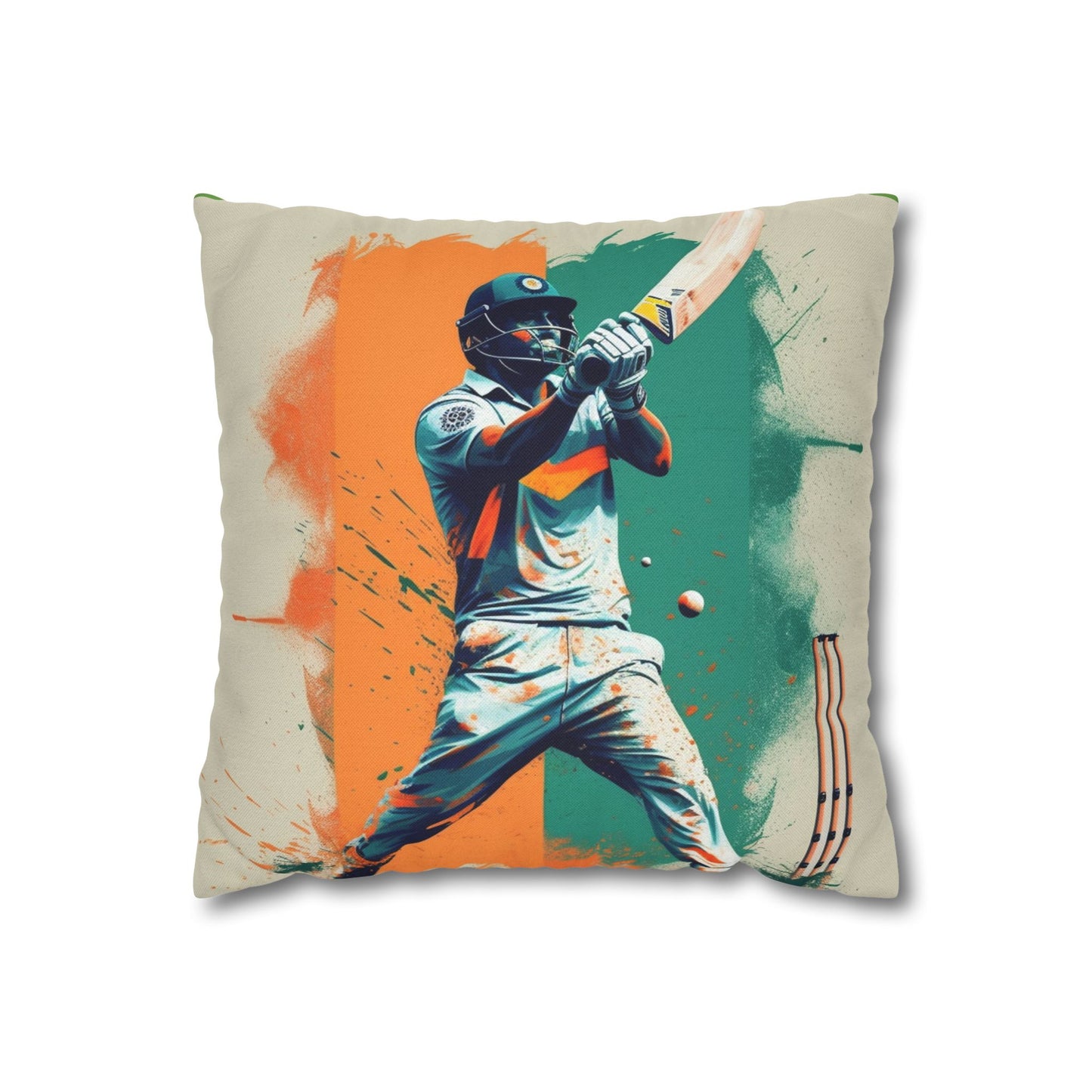 Cricket Batsman, Ball Strike, Indian Flag Color Background - Street Style - Spun Polyester Square Pillow Case