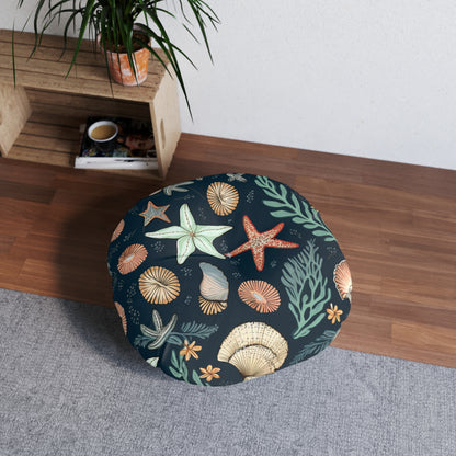 Seashells & Starfish Marine-Inspired Pattern Tufted Floor Pillow, Round