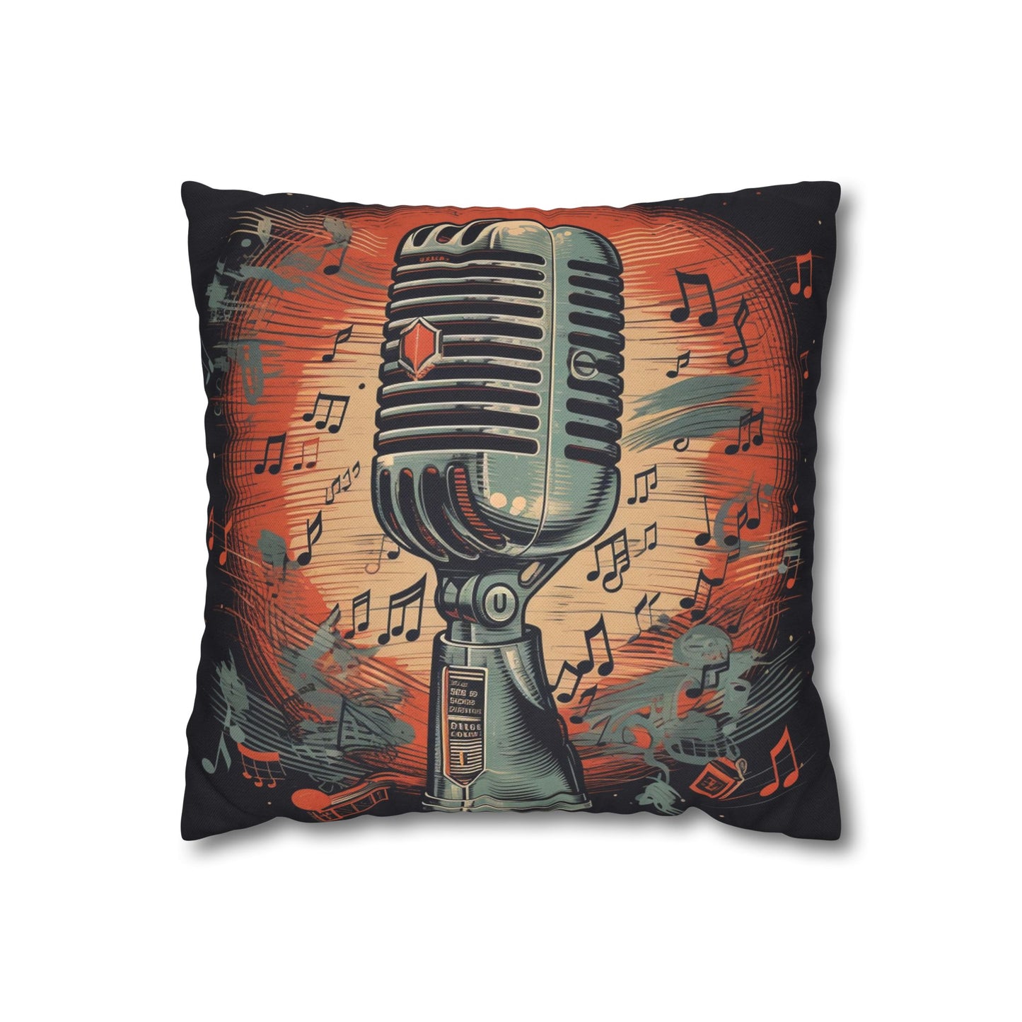 Retro Microphone & Music Notes - Vintage Style Design Spun Polyester Square Pillow Case