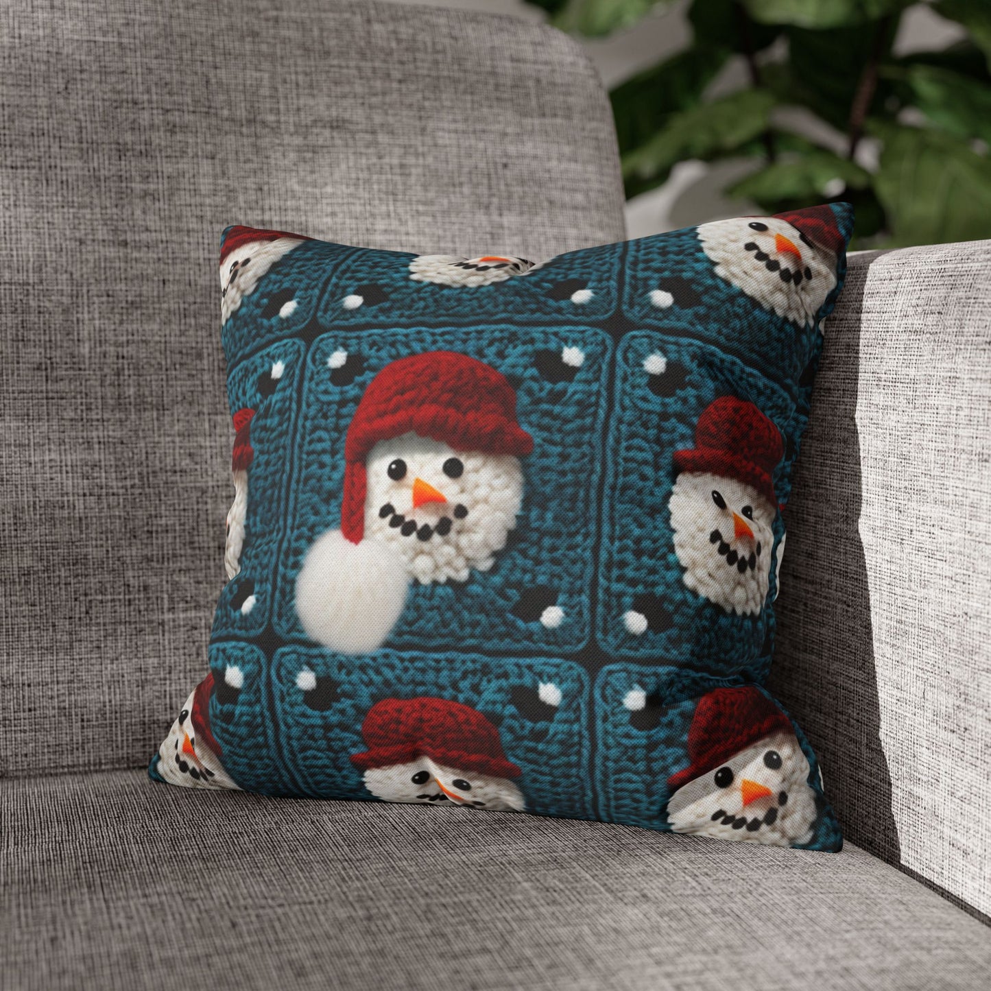 Snowman Crochet Craft, Festive Yuletide Cheer, Winter Wonderland - Spun Polyester Square Pillow Case