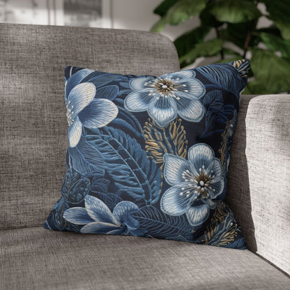 Flower Blossom Embroidery Floral on Denim Style - Spun Polyester Square Pillow Case