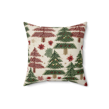 Embroidered Christmas Winter, Festive Holiday Stitching, Classic Seasonal Design - Spun Polyester Square Pillow