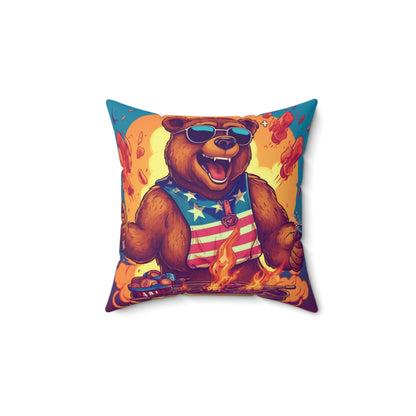 Grill Like a Patriot: Celebrate 4th of July with Patriotic Bear's Culinary Chef Spun Polyester Square Pillow