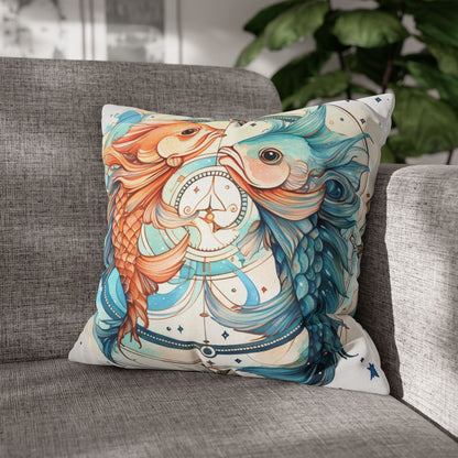 Pisces Zodiac Horoscope - Starry Watercolor & Ink, Hyper-Detailed Fish Spun Polyester Square Pillow Case