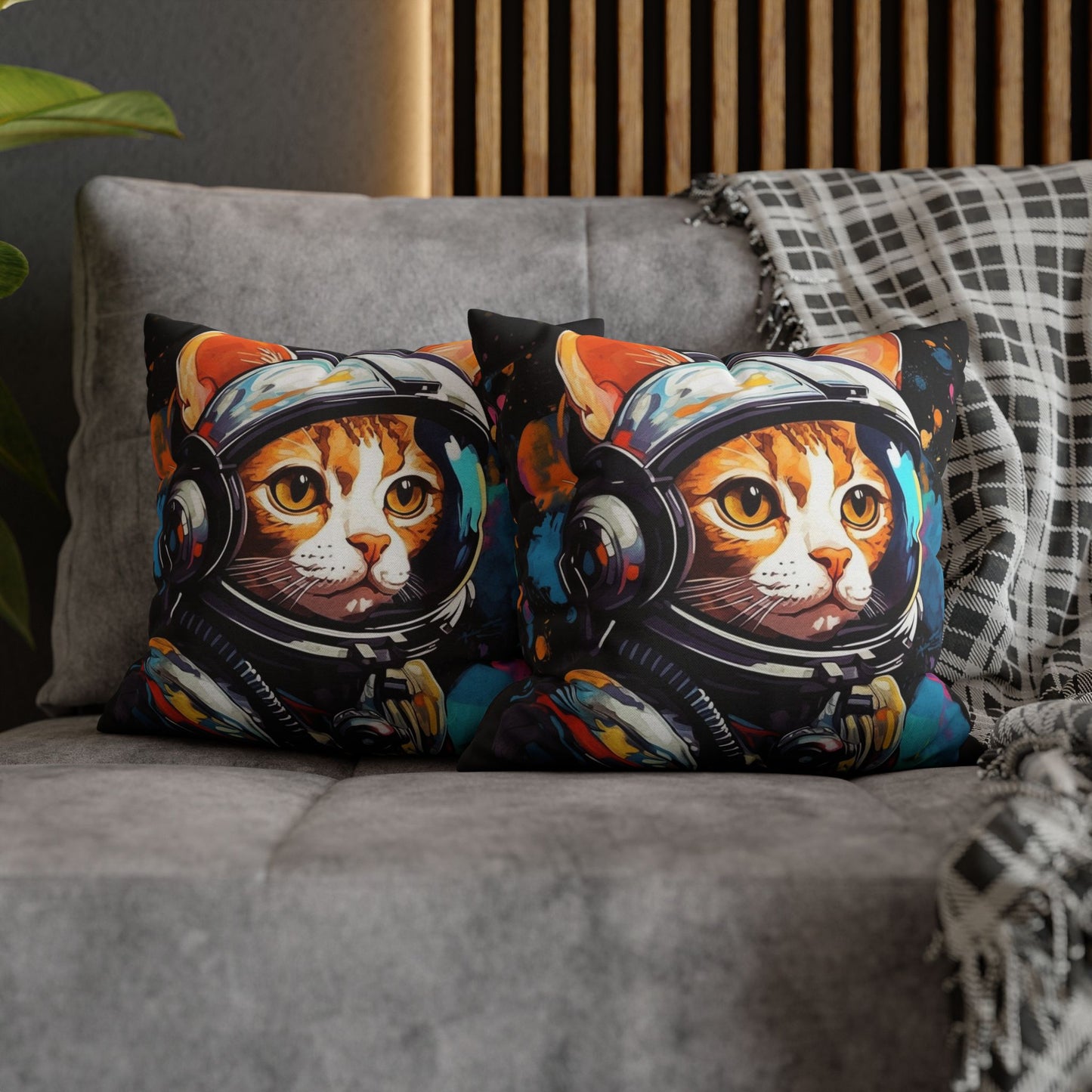 Astro Cat Adventure Feline - Pop Art, Floating in Cosmic Space - Spun Polyester Square Pillow Case