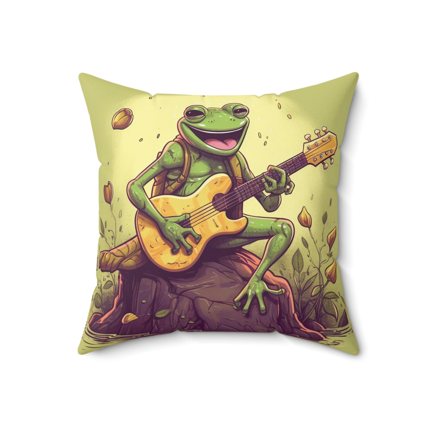 Frog Swamp Creature Stump Guitarist Musical graphic Spun Polyester Square Pillow