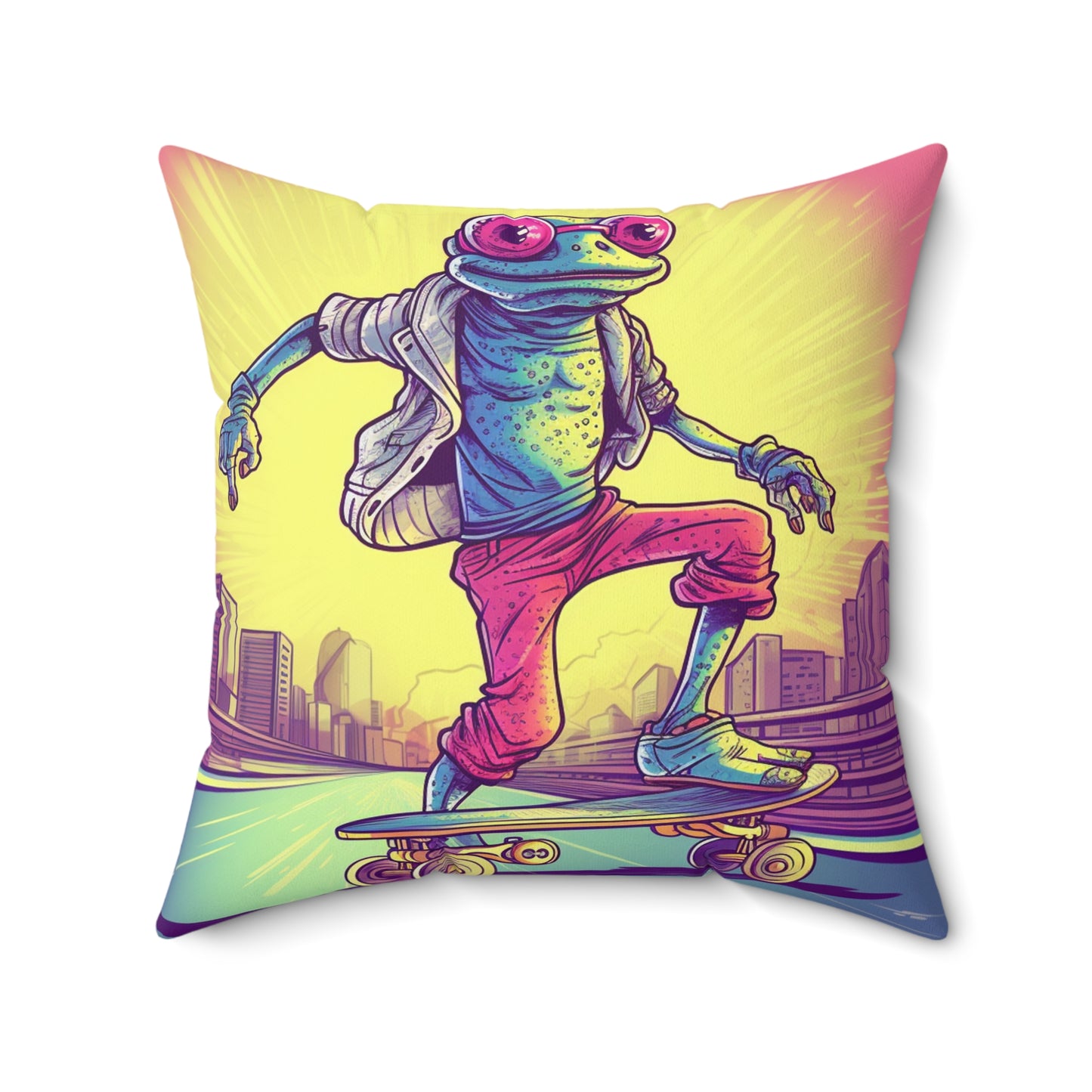 City Frog Skate Board Rider Playful Fun Anime Graphic Spun Polyester Square Pillow