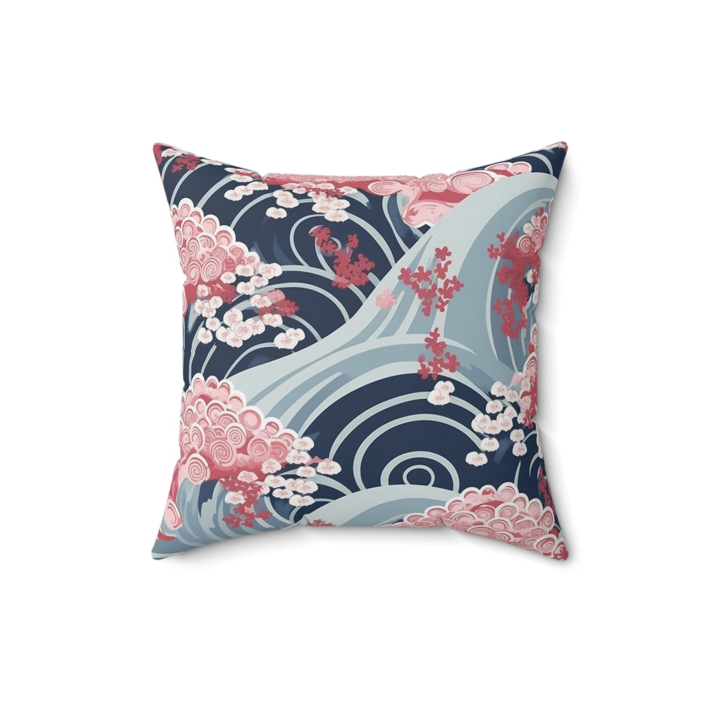 Japanese Minimalist Waves & Cherry Blossoms Pattern Spun Polyester Square Pillow