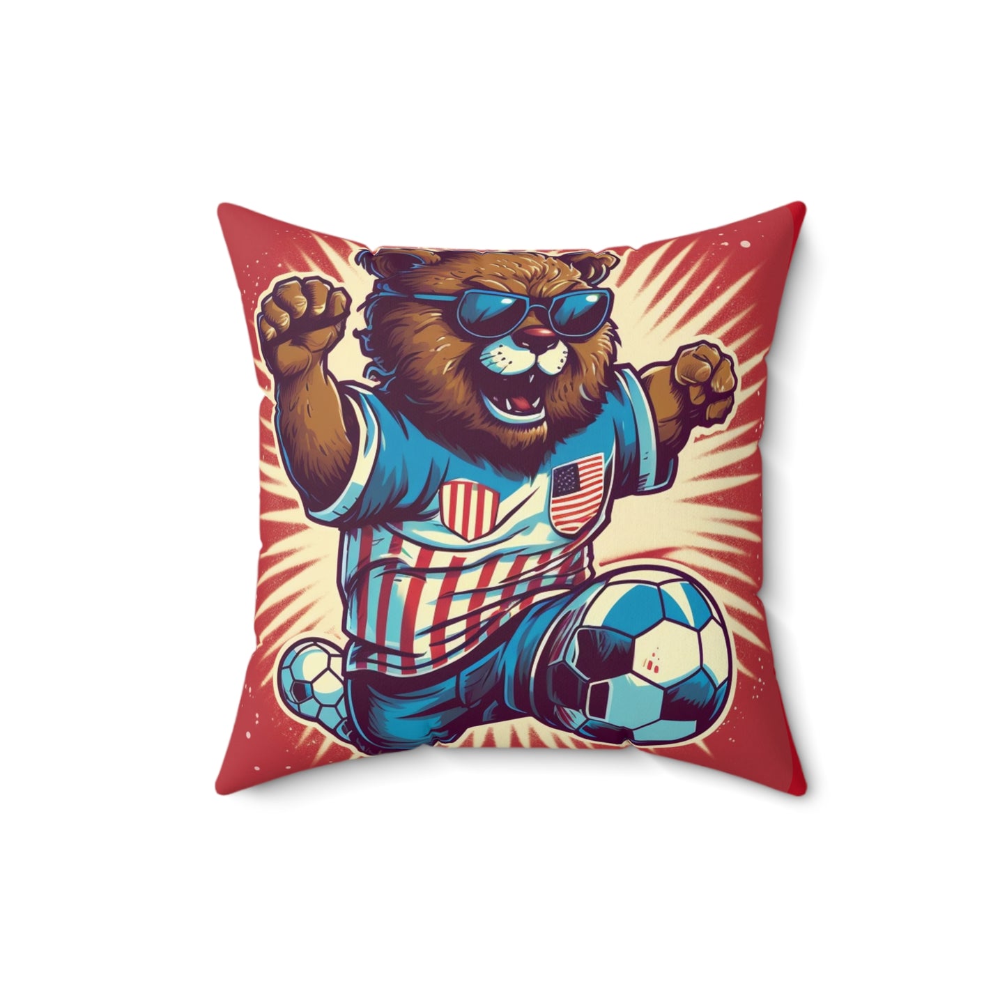 Soccer Stars and Stripes: Patriotism Patriotic Bear Playing Ball Spun Polyester Square Pillow