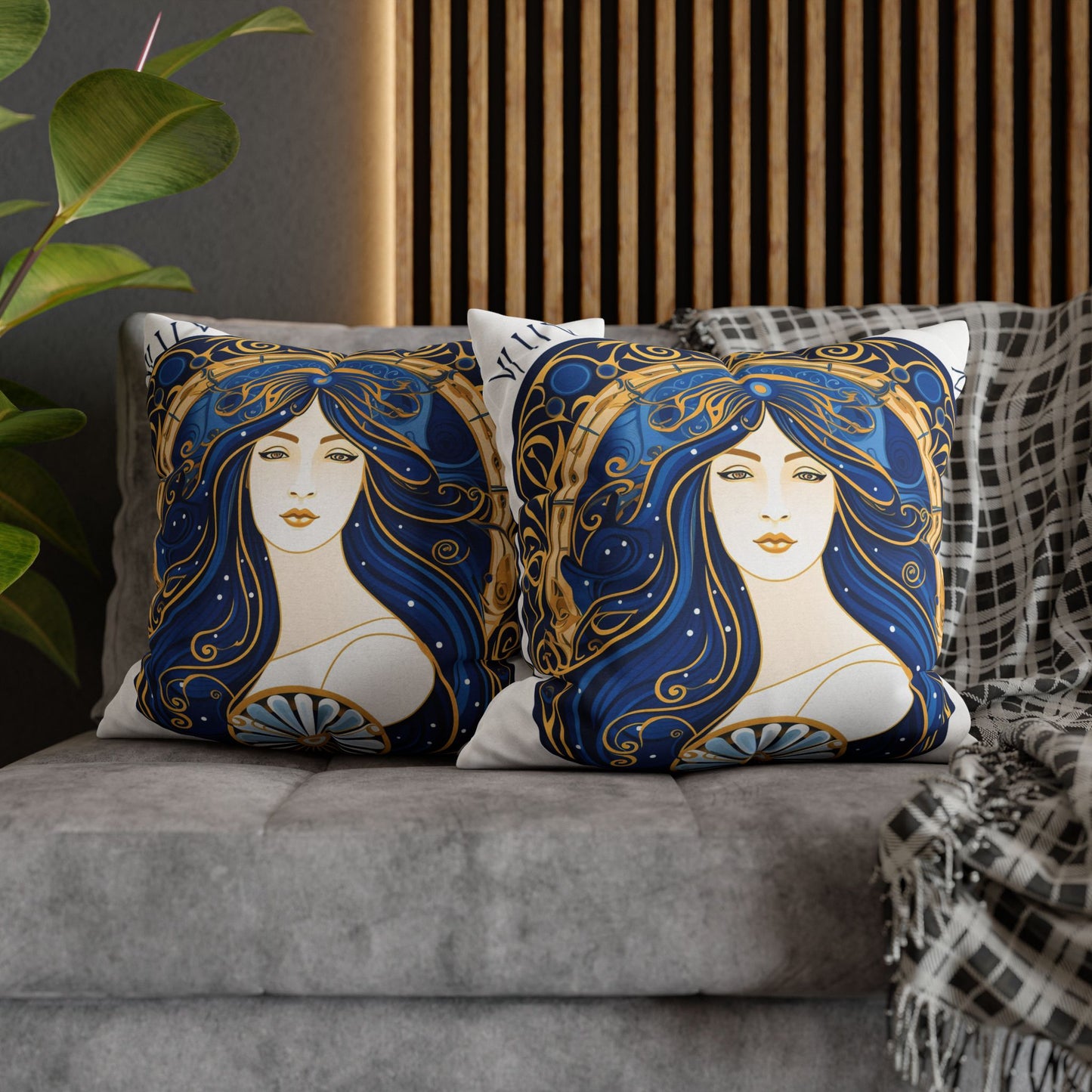 Virgo Zodiac Circular Symmetry in Gold Royal Blue - Spun Polyester Square Pillow Case