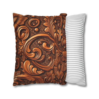 Leather Flower Cognac Classic Brown Timeless American Cowboy Design - Spun Polyester Square Pillow Case