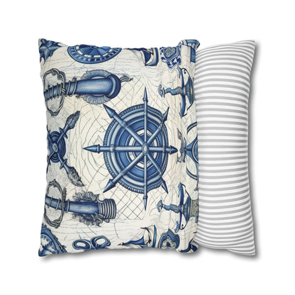 Nautical Theme Art - Anchors, Ropes, Compass Spun Polyester Square Pillow Case