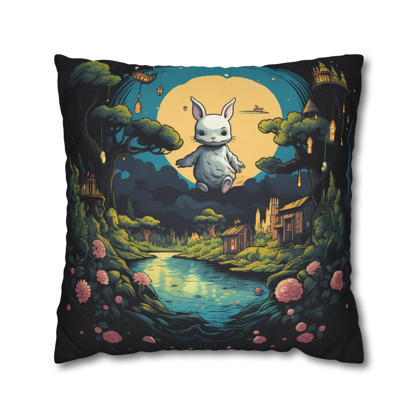 White Rabbit Mystery Psychedelic Fantasy Anime Cartoon Bunny - Spun Polyester Square Pillow Case