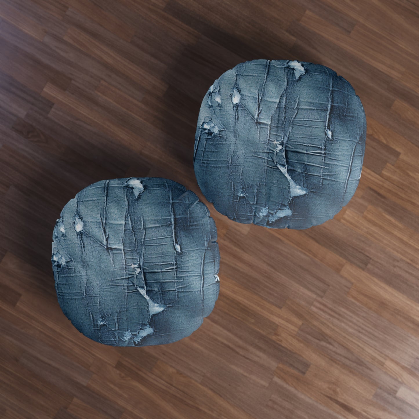 Distressed Blue Denim-Look: Edgy, Torn Fabric Design - Tufted Floor Pillow, Round