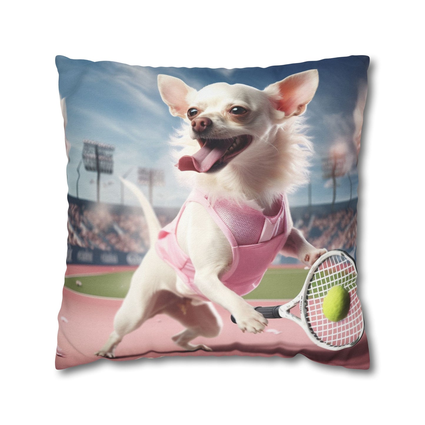 Chihuahua Tennis Ace: Dog Pink Outfit, Court Atheletic Sport Game - Spun Polyester Square Pillow Case