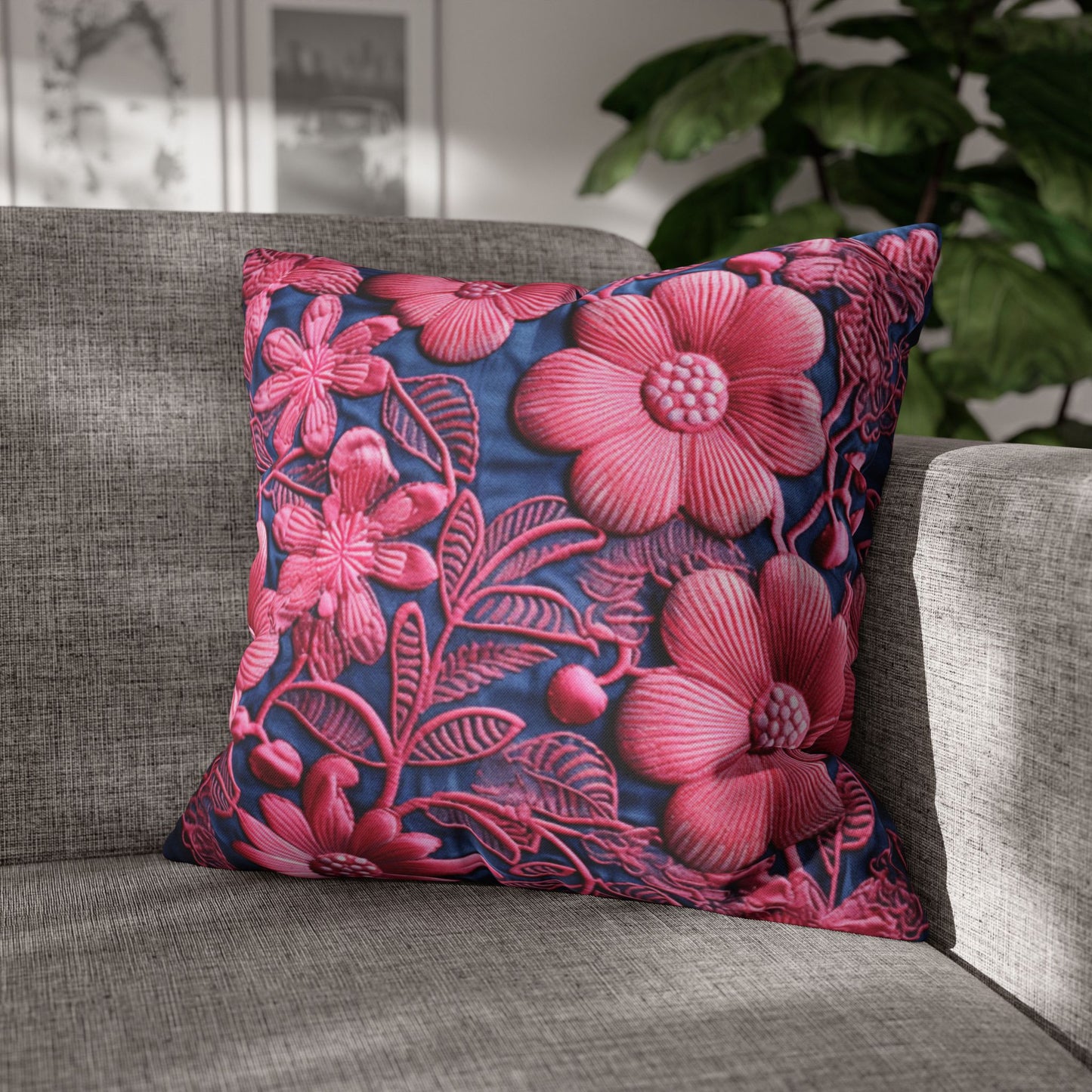 Denim Blue Doll Pink Floral Embroidery Style Fabric Flowers - Spun Polyester Square Pillow Case